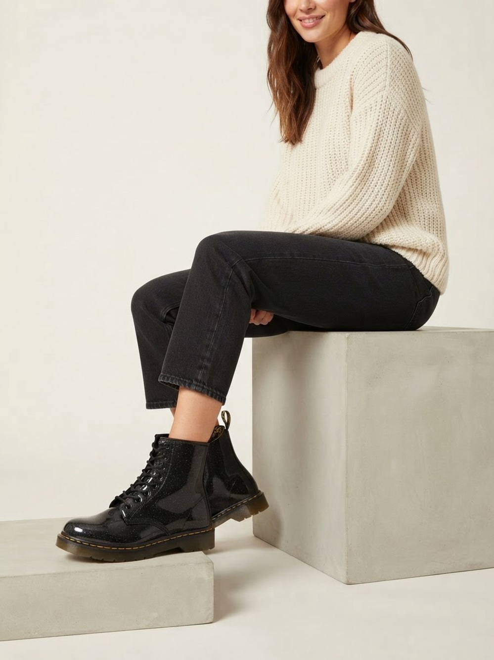 Dr. Martens Luana Sparkle black glitter combat boots. Size US 8